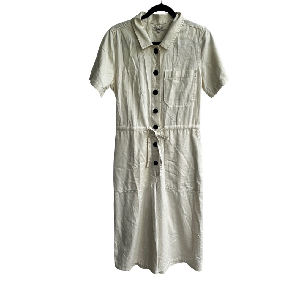 Madewell Utility Jumpsuit Dress Cream White Button Front Belted Short Sleeve 10